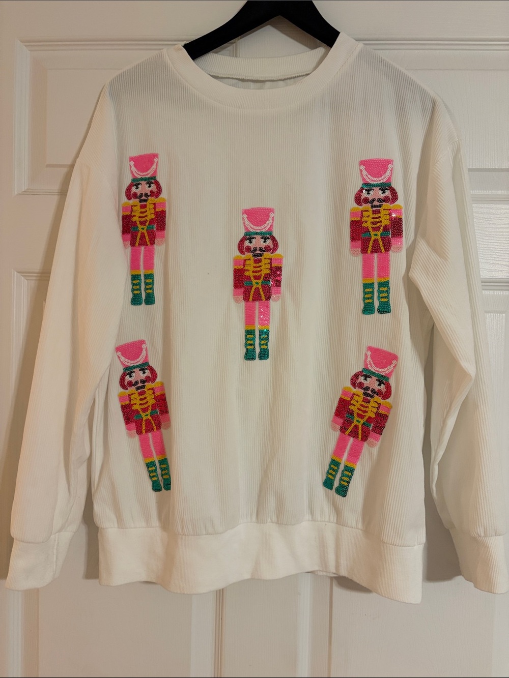 White Sequin Nutcracker Graphic Christmas Corded Sweatshirt